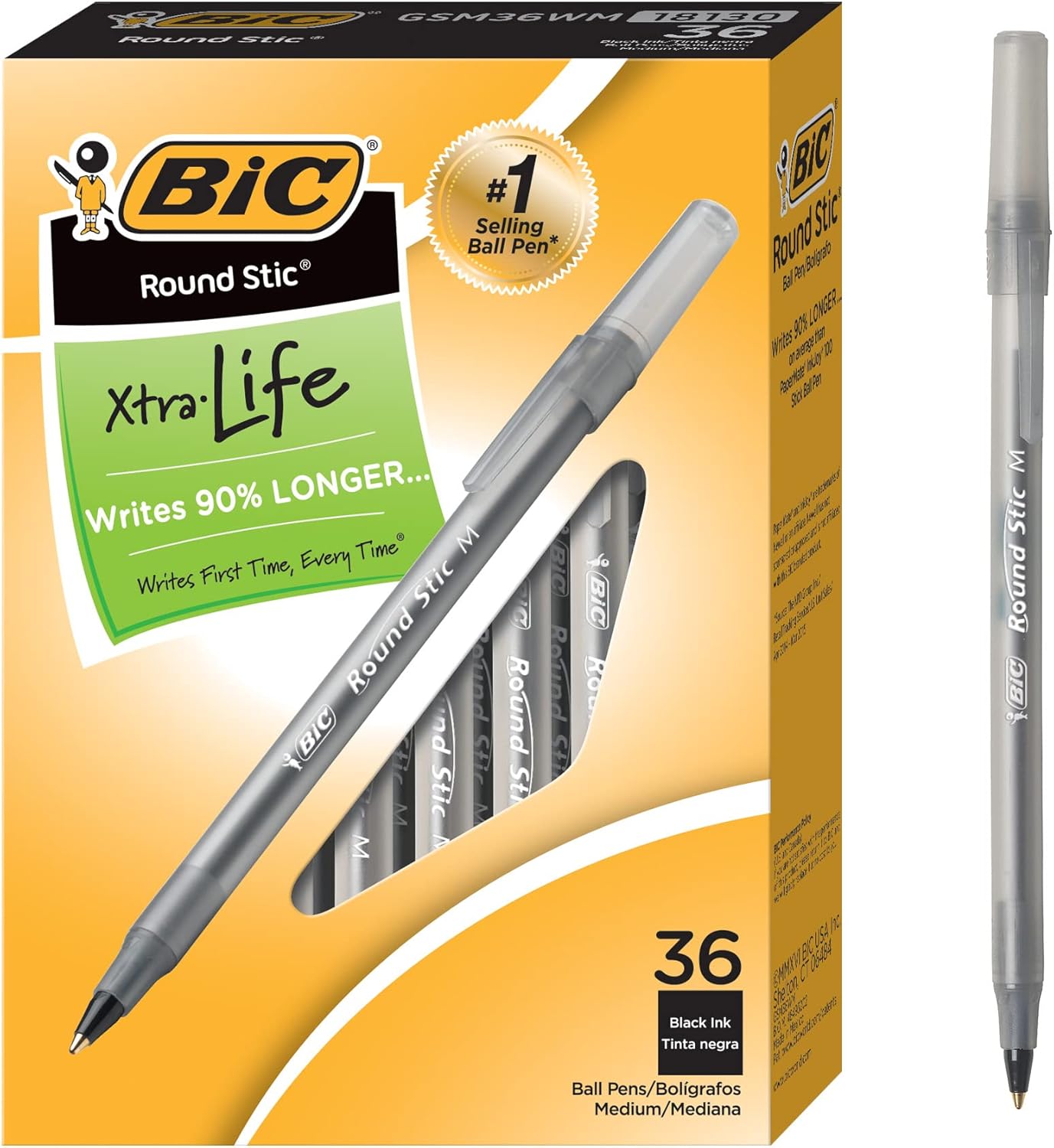 BIC Round Stic Xtra Life Ball Point Pen; Black 36 Pack