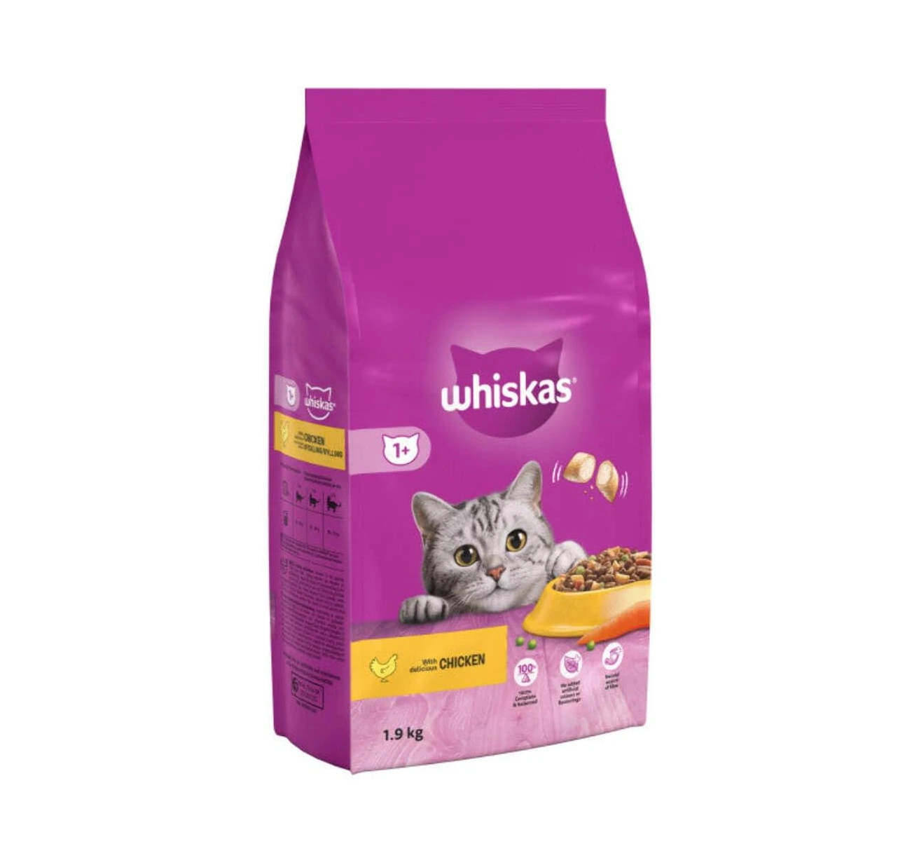 Whiskas 1+ Chicken 1.9kg Bag, Adult Cat Dry Food